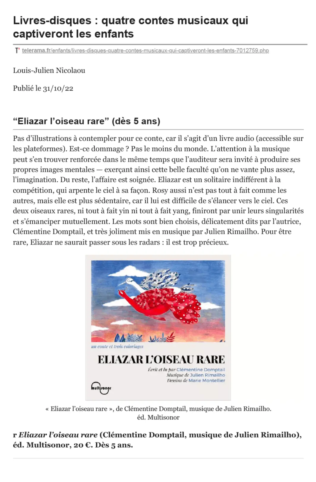 Livres-disques : quatre contes musicaux qui captiveront les enfants - Télérama publié le 31/10/2022